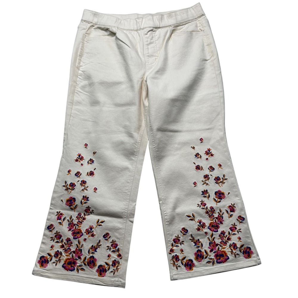 Isaac‎ Mizrahi Live Womens 14P Floral Embroidered Wide Leg Crop Jeans Cream #301